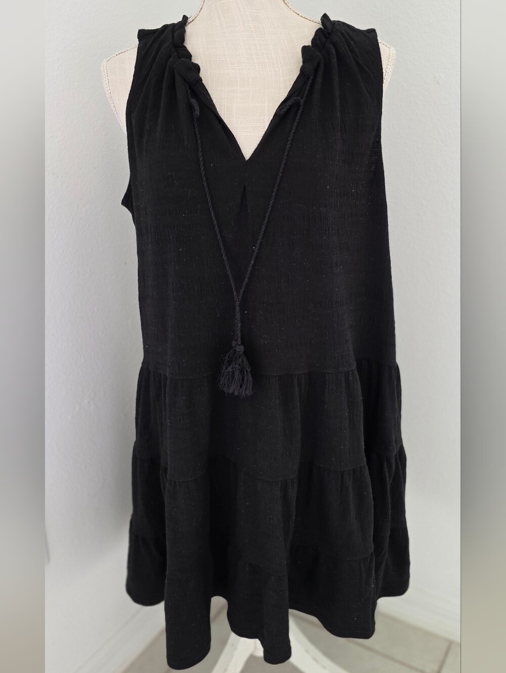 Max Studio Black Tiered Tassel V-Neck Mini Dress